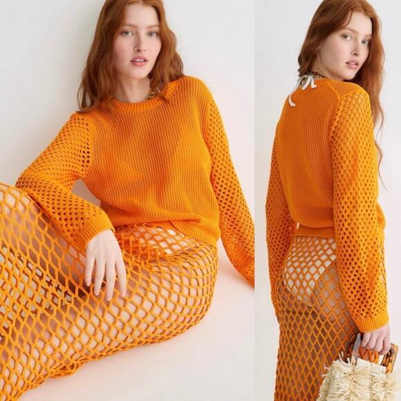 J. Crew Sweaters - J.Crew Crochet Crewneck Beach Pullover Sweater Bright Orange Size Small